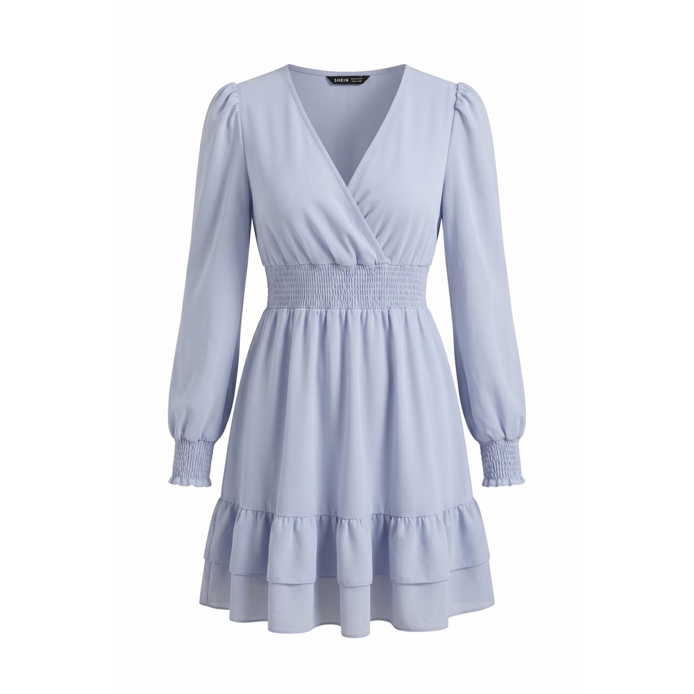 SHEIN Light Blue Long Sleeveā V-Neck Smocked Waist Ruffle Hem Mini Dress Small